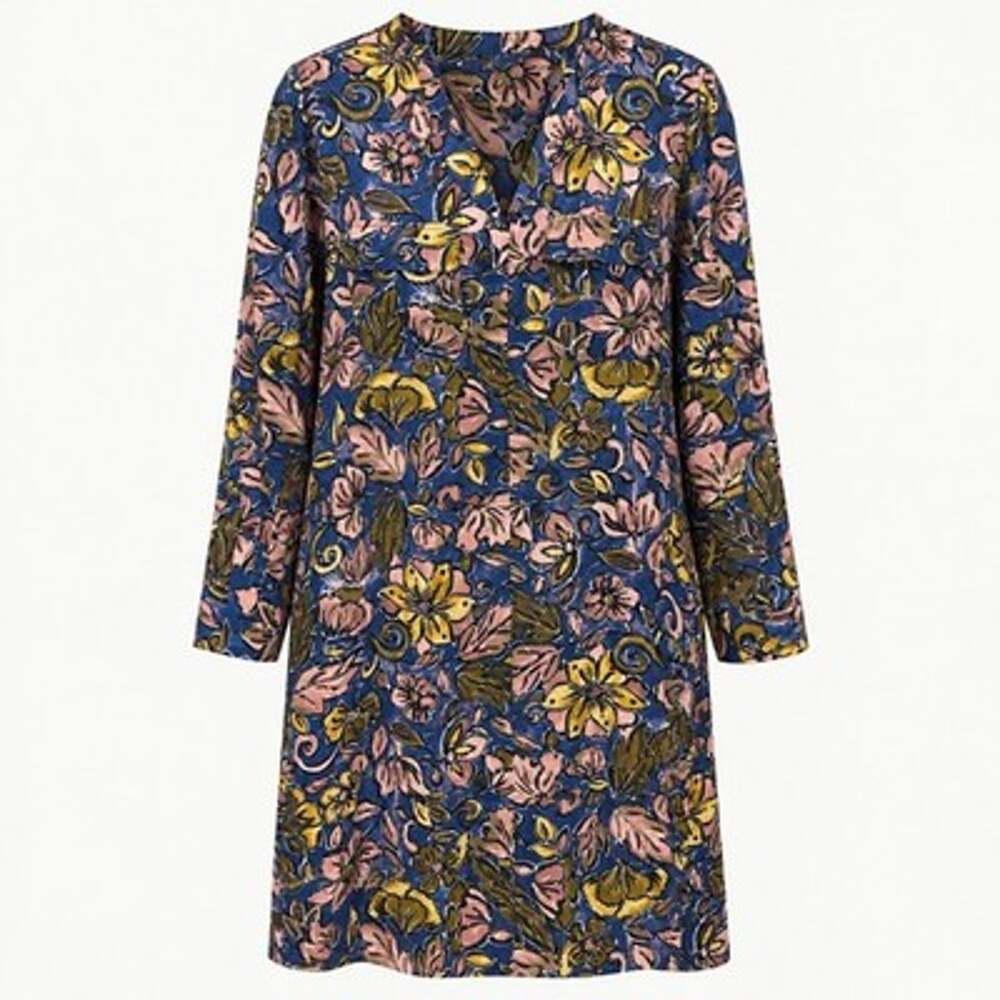 Jones New York Satin Shirt Dress XL Blue Colorful Floral Long Sleeve Pockets